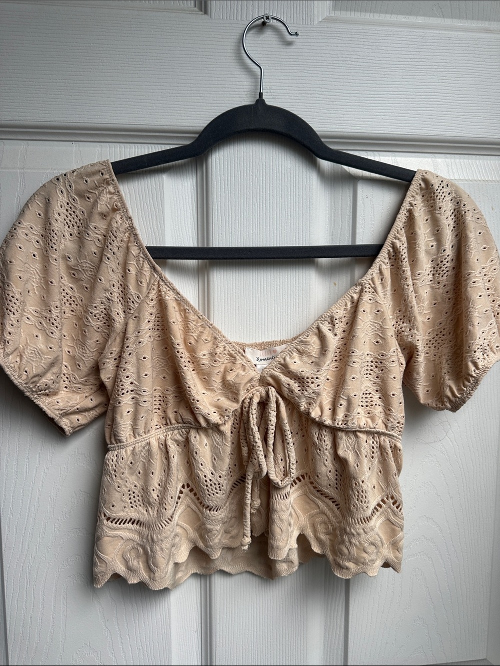 URBAN Romantics Beige Eyelet Tie-Front Crop Top